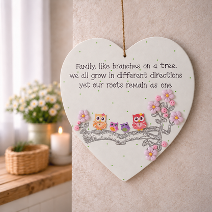 Personalised family owl heart plaque with 4 owls on a branch