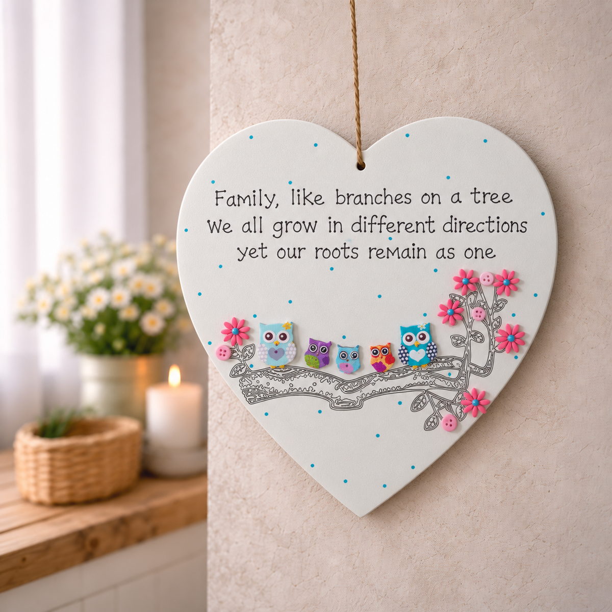 Personalised family owl heart plaque with 5 owls on a branch