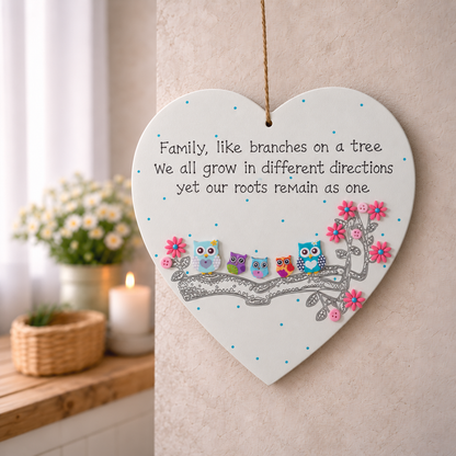Personalised family owl heart plaque with 5 owls on a branch