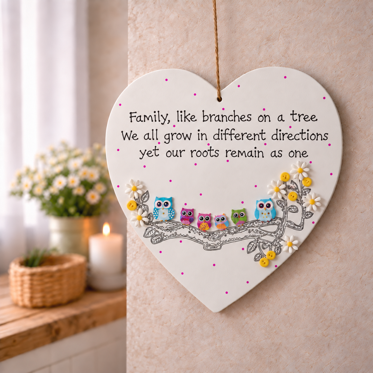 Personalised family owl heart plaque with 6 owls on a branch