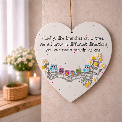 Personalised family owl heart plaque with 6 owls on a branch