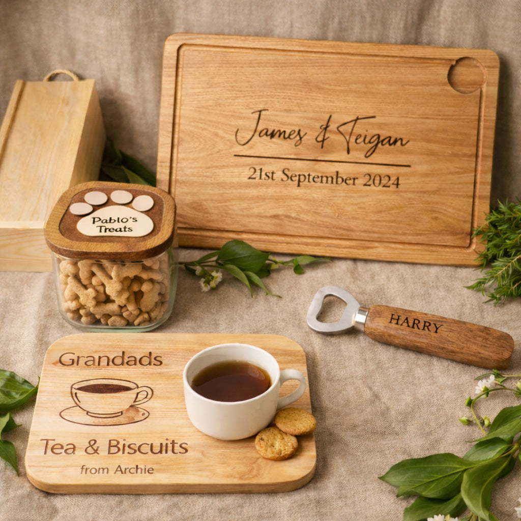 personalised engraved gifts , chopping borard, dog treat jar, wedding wine box, wooden bottle opener on a natural background