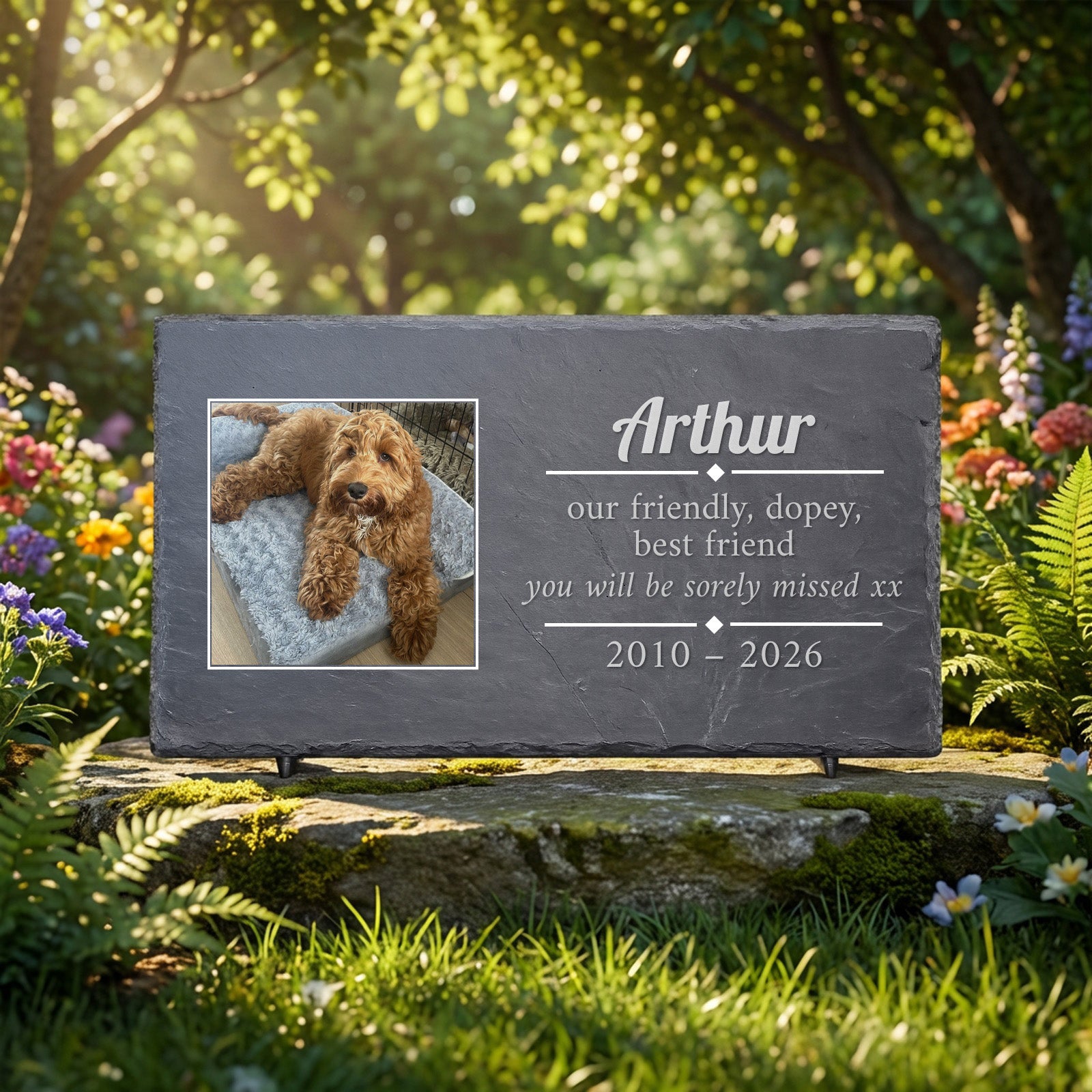 Memorial slate photo plaque for a pet personalised with name, message and dates