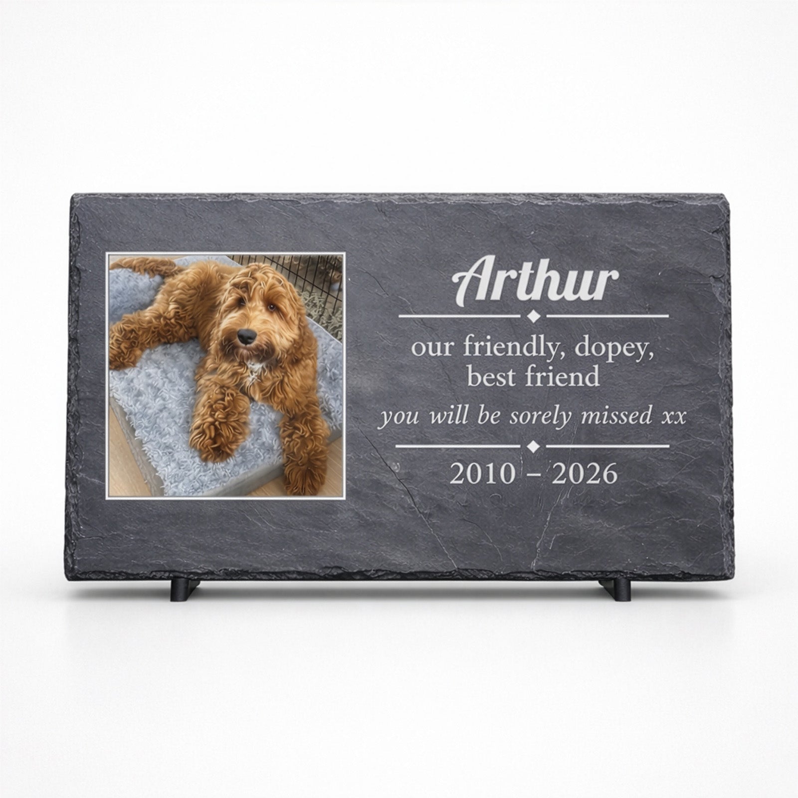 personalised photo Slate plaque with a photo of a dog and personalised text on a white background