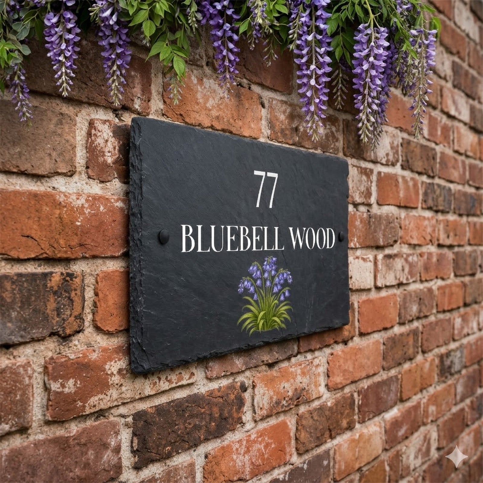 custom slate house name and number sign with bluebell design