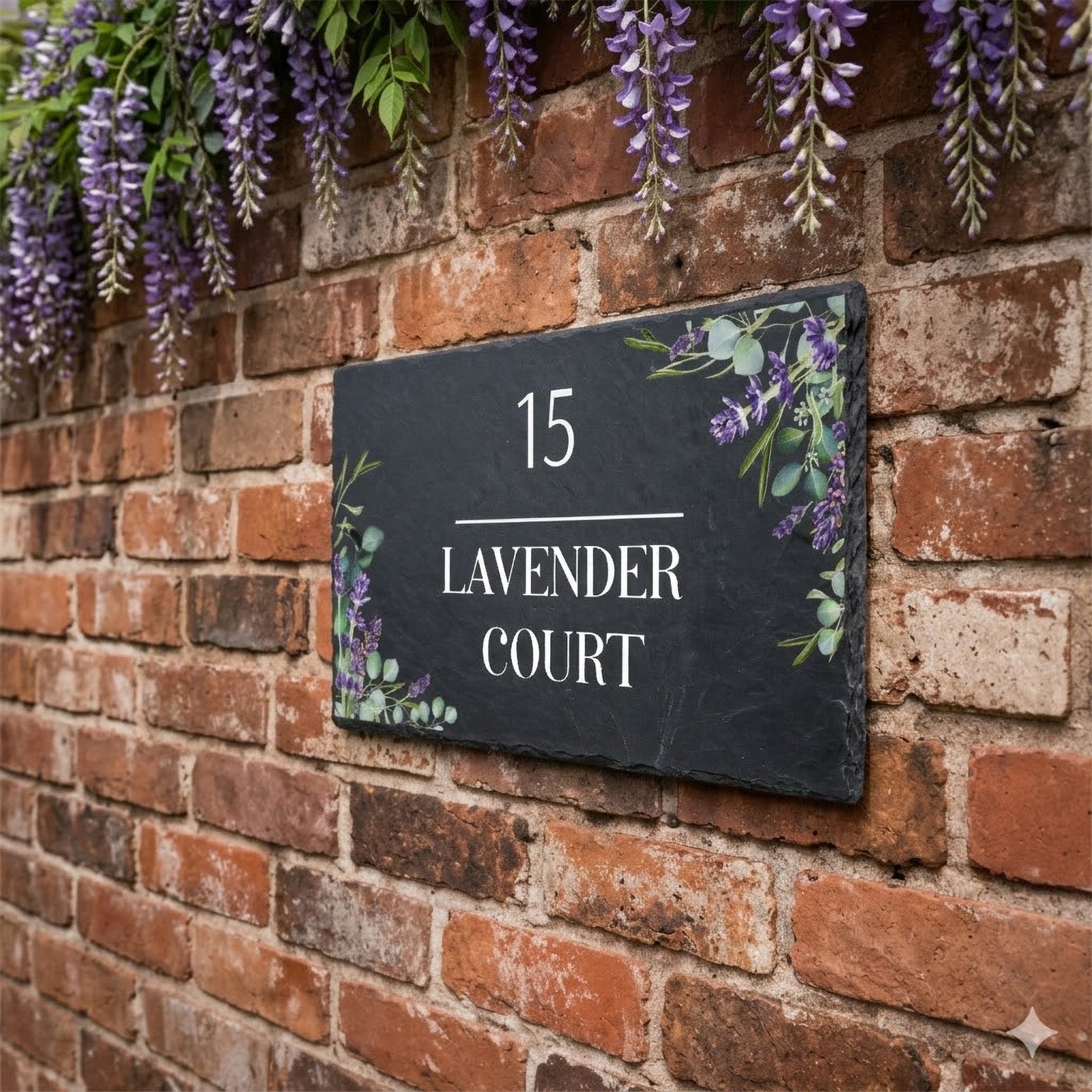 custom slate house name and number sign with lavender  design