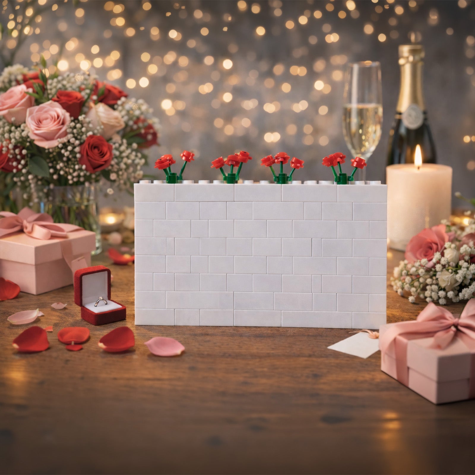 lego block personalised with picture and text on a wedding scene table