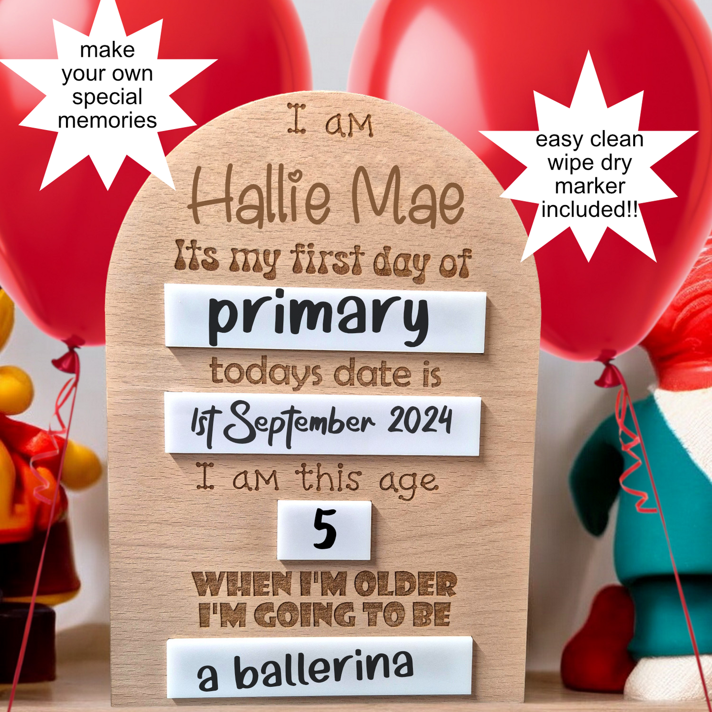 Reusable milestone board for children, showing custom fields for name, date, and favourite things.