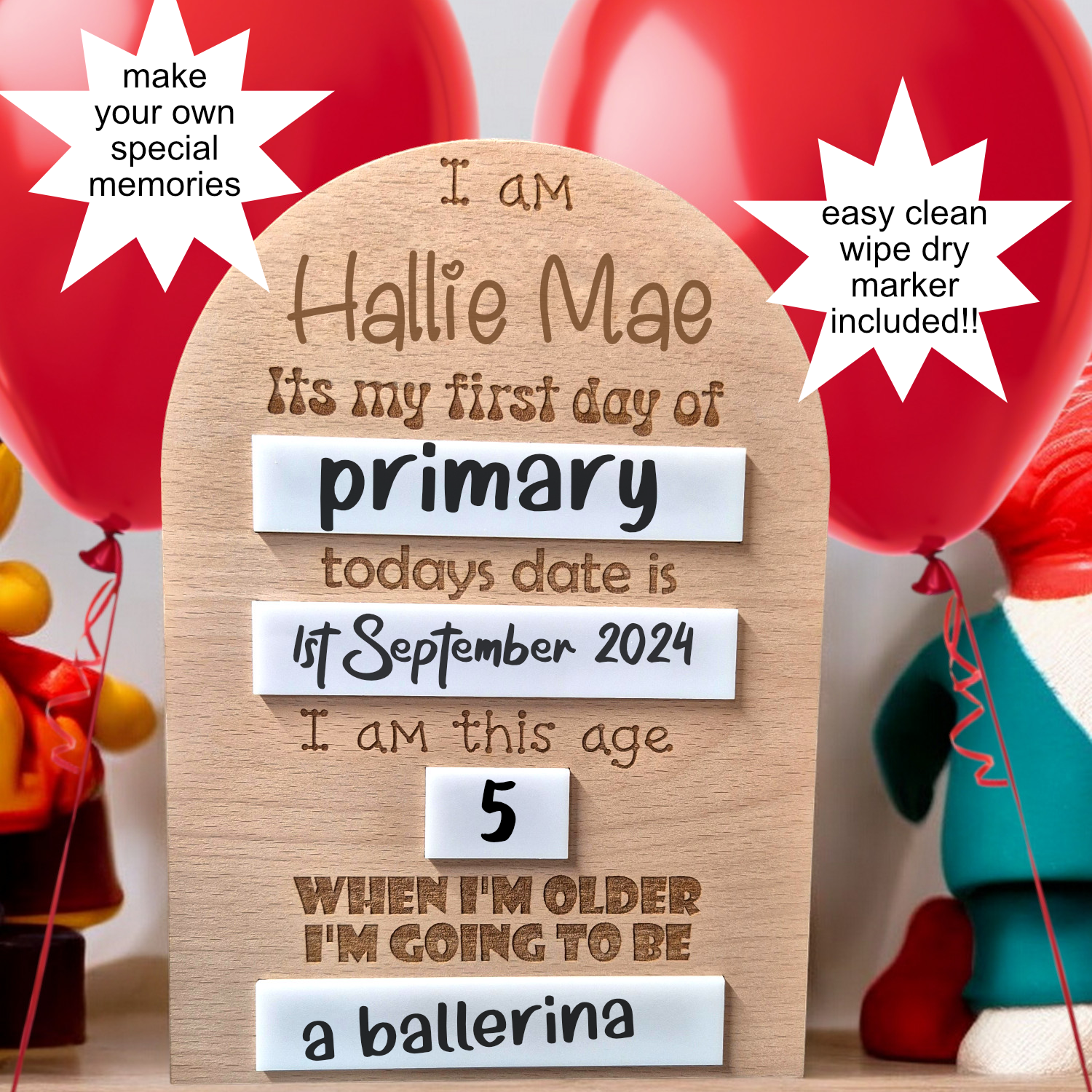 Reusable milestone board for children, showing custom fields for name, date, and favourite things.