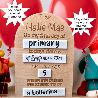 Reusable milestone board for children, showing custom fields for name, date, and favourite things.