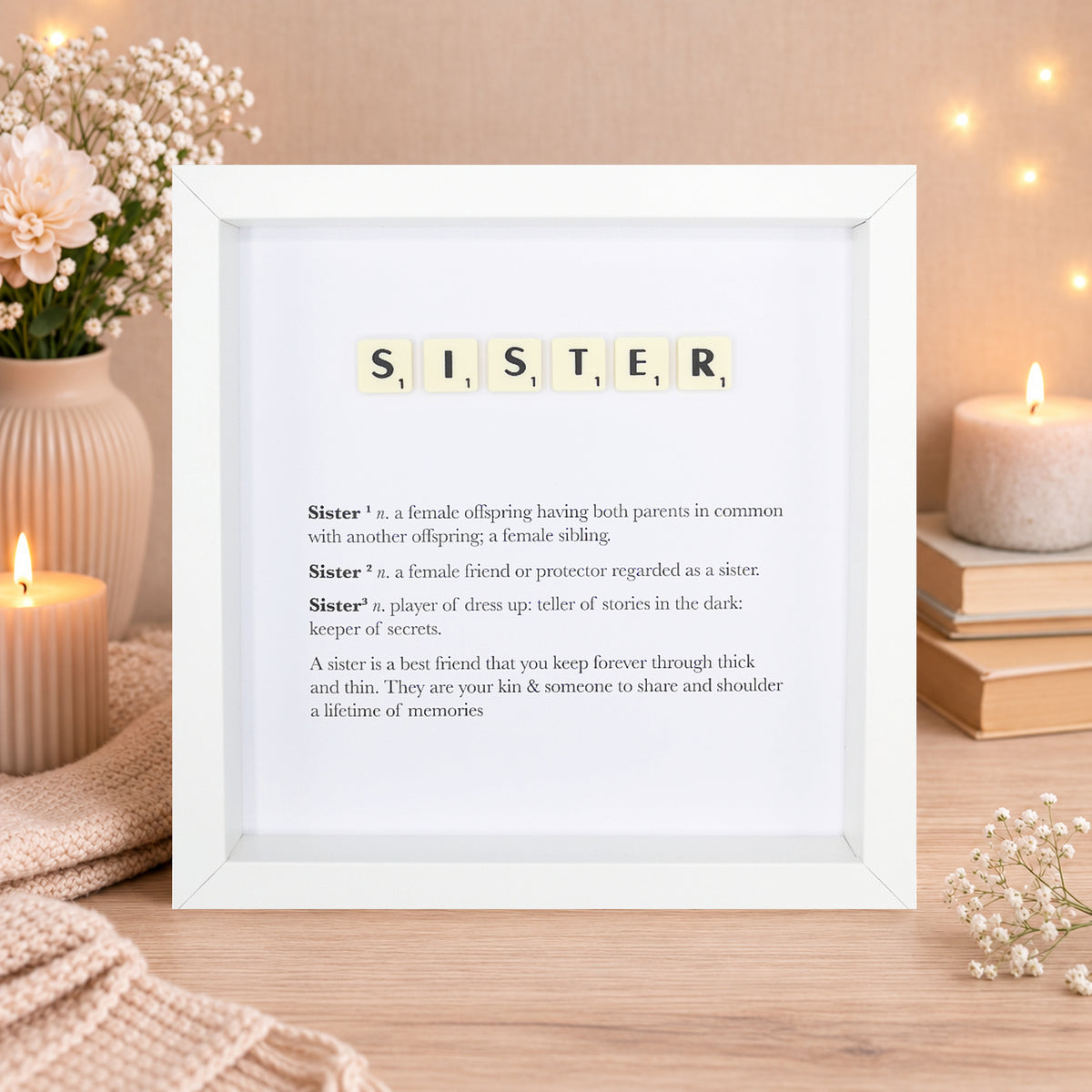 Sister Scrabble-style definition boxed frame with Scrabble tiles