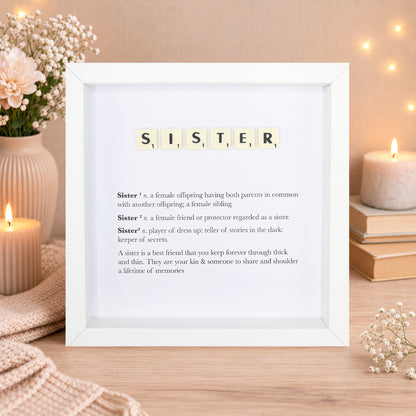 Sister Scrabble-style definition boxed frame with Scrabble tiles