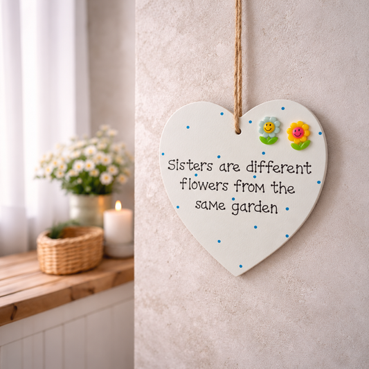 Sisters Are Different Flowers wooden heart plaque with two smiling flowers displayed on a light textured wall