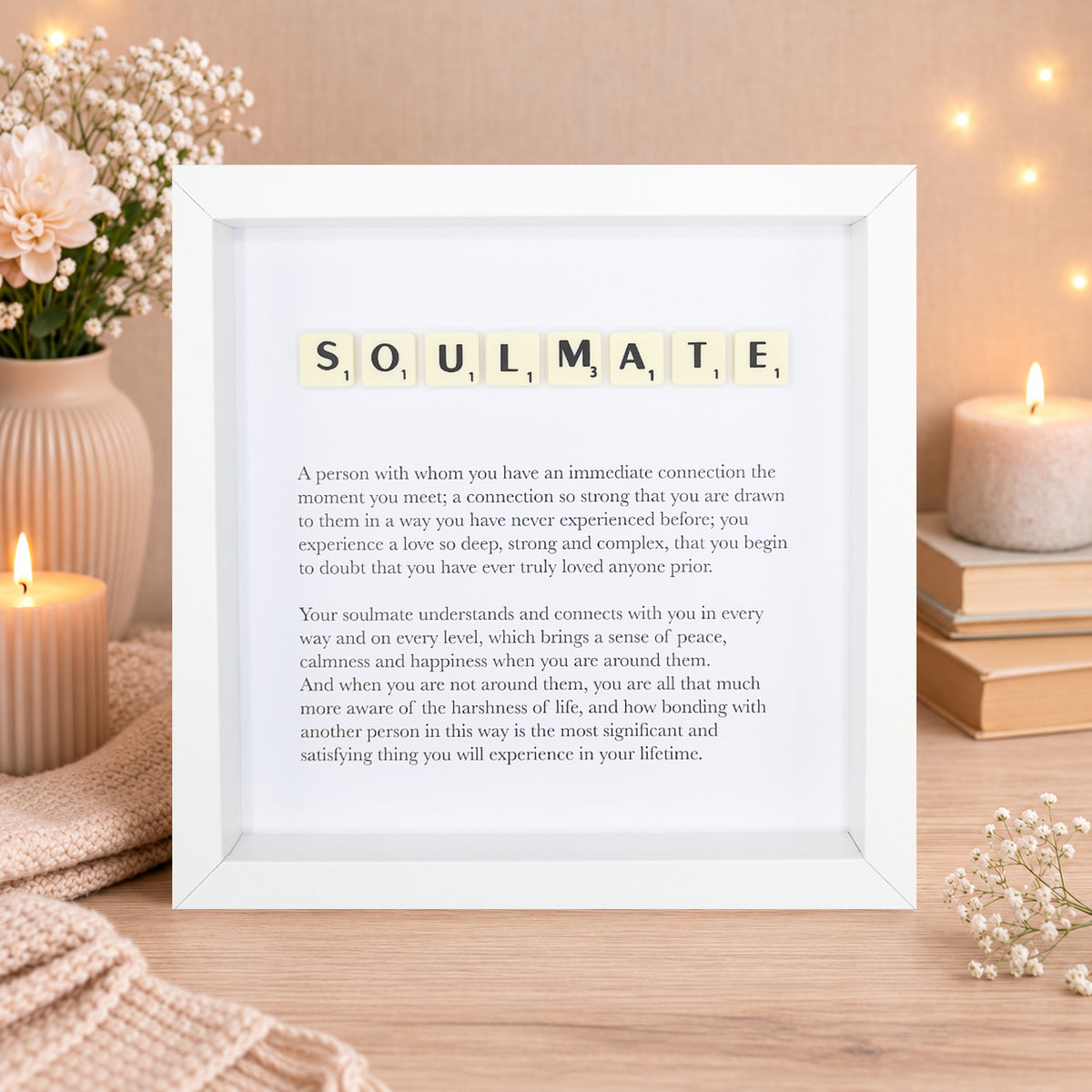 Soulmate Scrabble-style definition boxed frame with Scrabble tiles