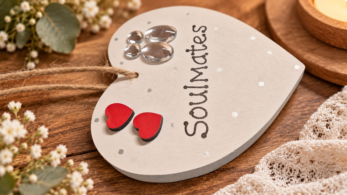 Close-up of handmade Soulmates heart plaque with red heart embellishments and glass-like cabochon couple