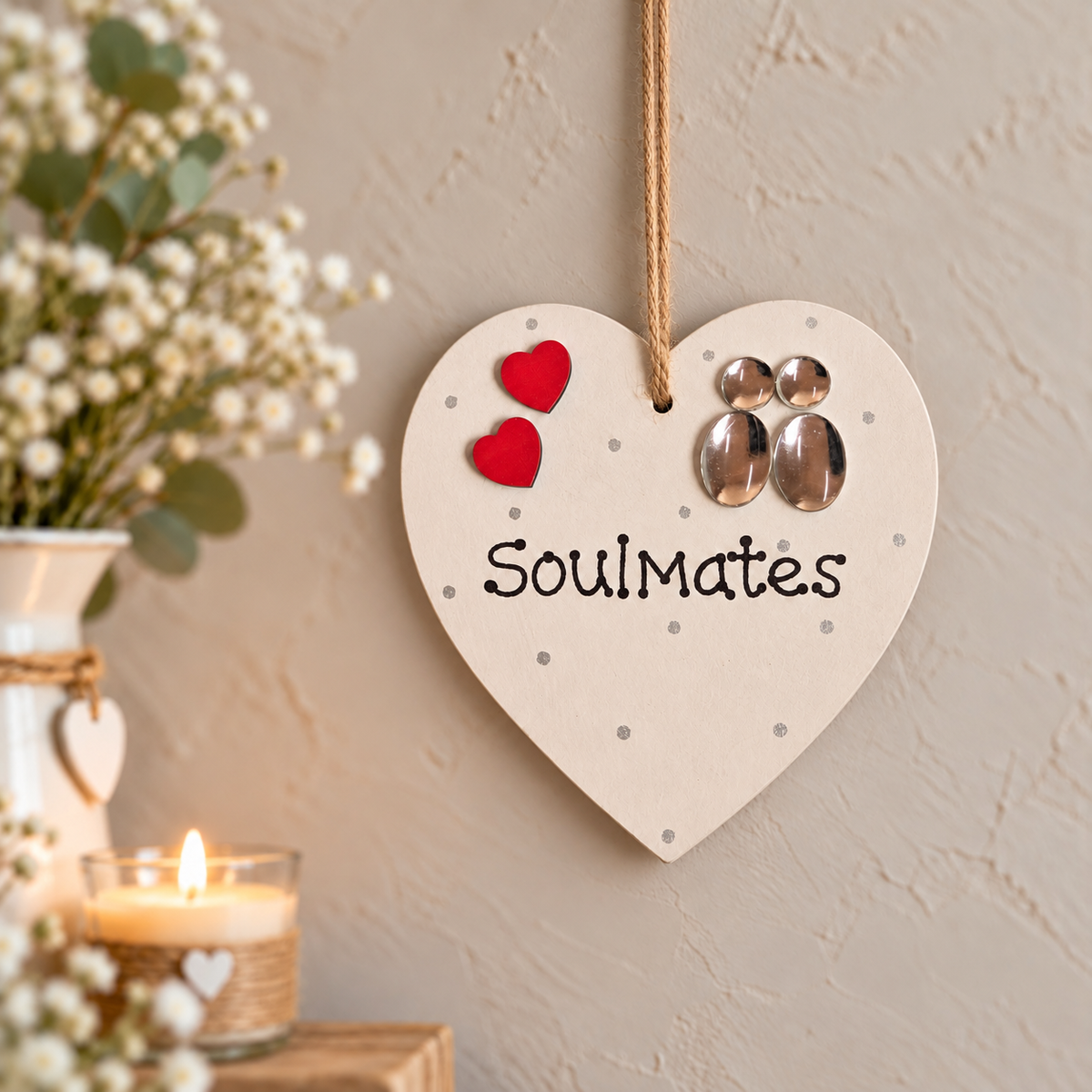 Soulmates 10cm MDF wooden heart plaque with red hearts and raised cabochon couple hanging on a neutral wall