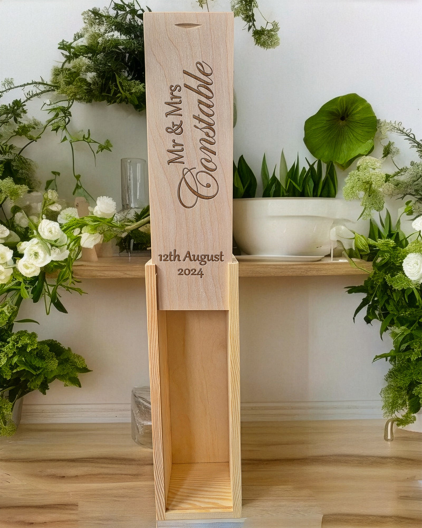 Personalised engraved wooden wine box with Mr & Mrs names and wedding date