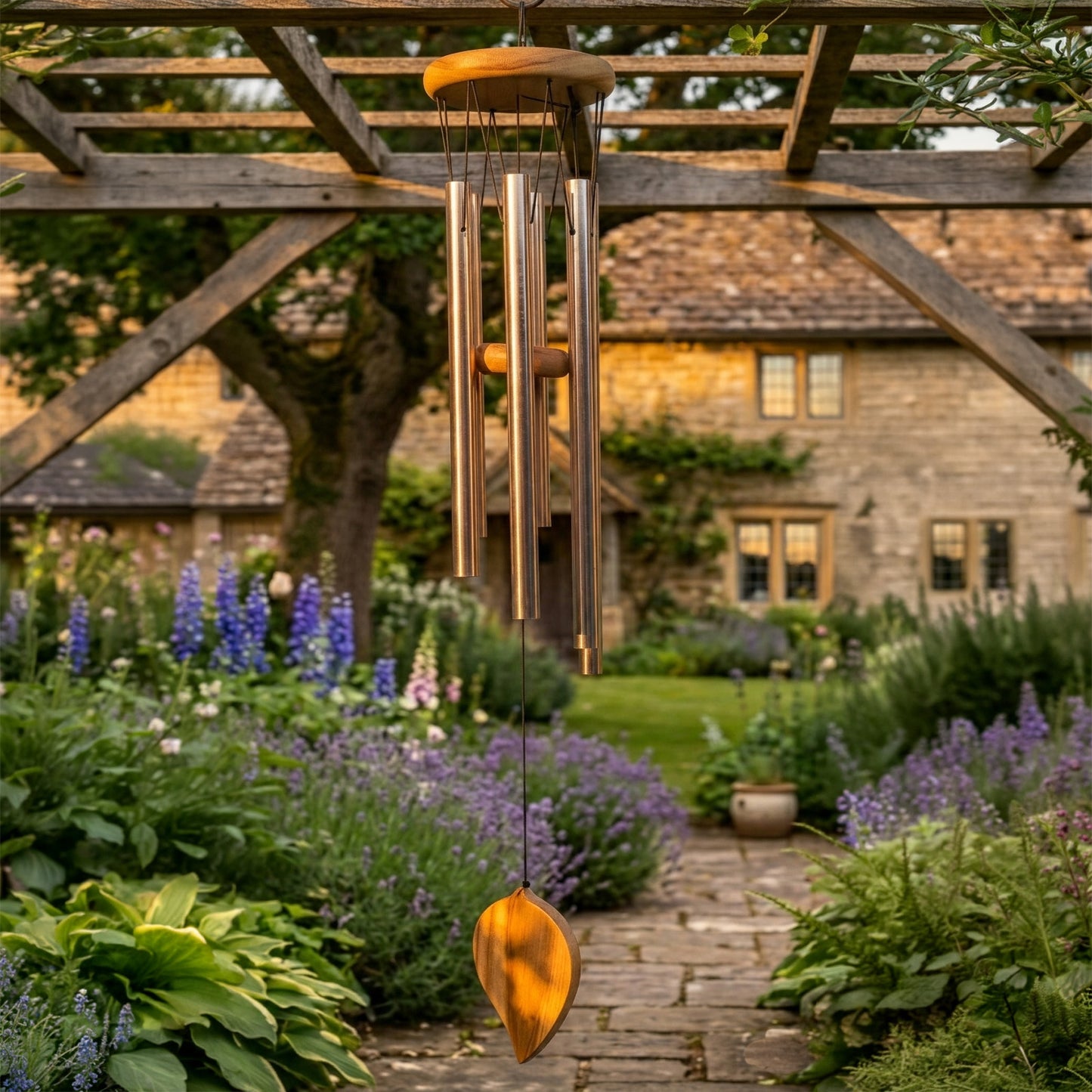 Personalised memorial wind chime hanging from a wooden pergola in a garden with a stone building in the background.