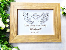 Load image into Gallery viewer, Memorial Angel Wings Wooden Frame with engraved verse &quot;your wings were ready but our hearts were not&quot;
