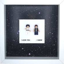 Load image into Gallery viewer, Hans Solo Princess Leia Minifigure Star Wars Boxed Frame | MadeWithaSmile
